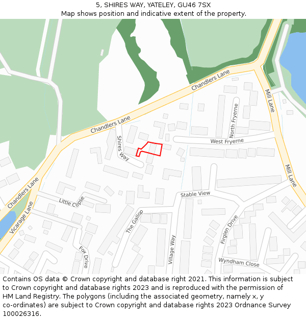 5, SHIRES WAY, YATELEY, GU46 7SX: Location map and indicative extent of plot