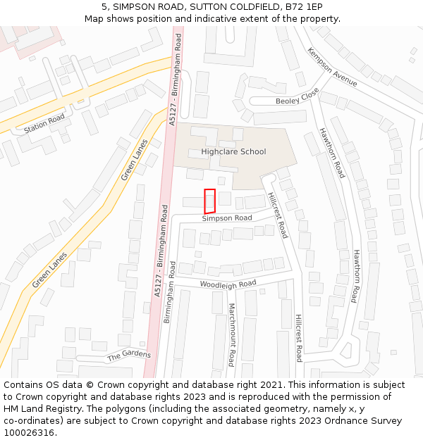 5, SIMPSON ROAD, SUTTON COLDFIELD, B72 1EP: Location map and indicative extent of plot