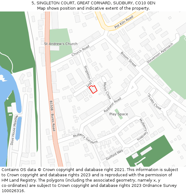 5, SINGLETON COURT, GREAT CORNARD, SUDBURY, CO10 0EN: Location map and indicative extent of plot