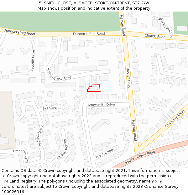 5, SMITH CLOSE, ALSAGER, STOKE-ON-TRENT, ST7 2YW: Location map and indicative extent of plot