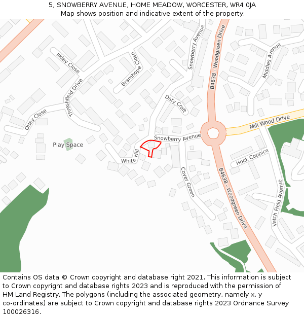 5, SNOWBERRY AVENUE, HOME MEADOW, WORCESTER, WR4 0JA: Location map and indicative extent of plot