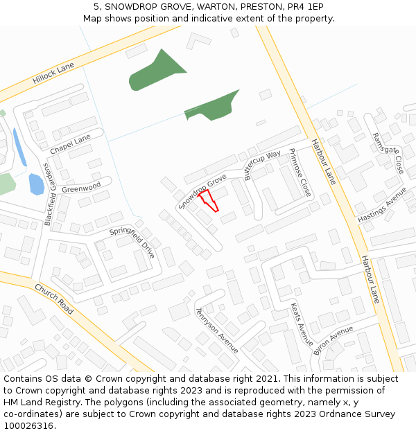 5, SNOWDROP GROVE, WARTON, PRESTON, PR4 1EP: Location map and indicative extent of plot