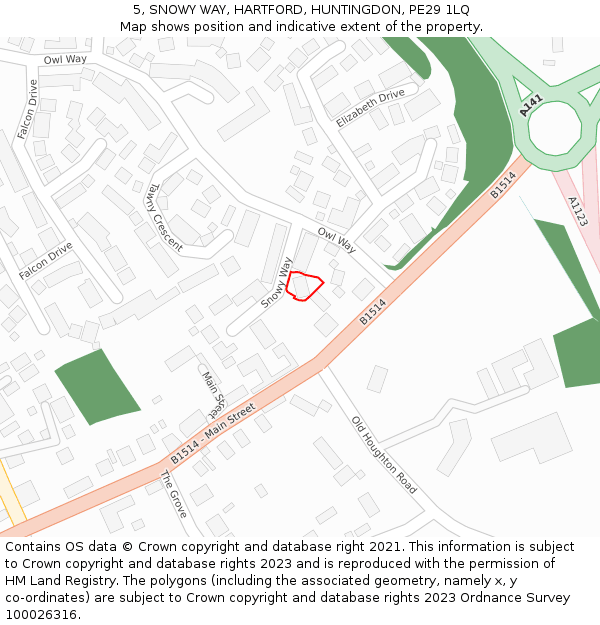 5, SNOWY WAY, HARTFORD, HUNTINGDON, PE29 1LQ: Location map and indicative extent of plot