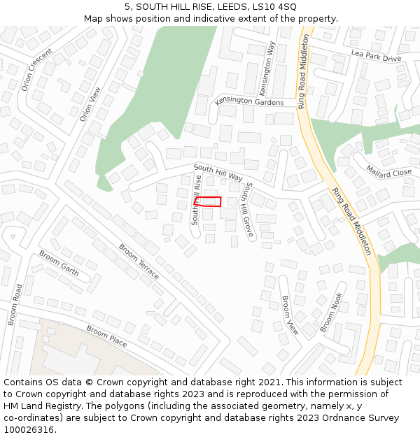 5, SOUTH HILL RISE, LEEDS, LS10 4SQ: Location map and indicative extent of plot