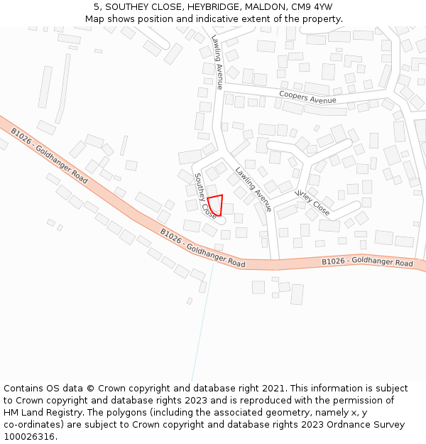 5, SOUTHEY CLOSE, HEYBRIDGE, MALDON, CM9 4YW: Location map and indicative extent of plot