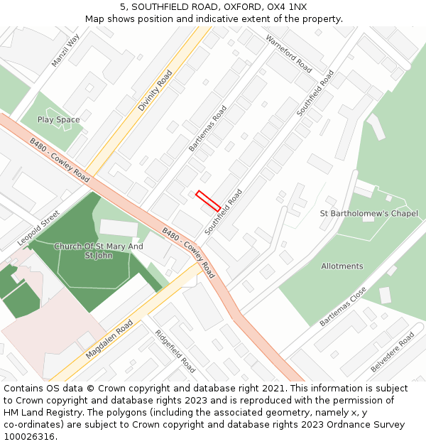 5, SOUTHFIELD ROAD, OXFORD, OX4 1NX: Location map and indicative extent of plot