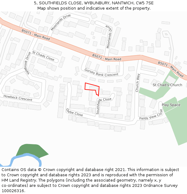 5, SOUTHFIELDS CLOSE, WYBUNBURY, NANTWICH, CW5 7SE: Location map and indicative extent of plot