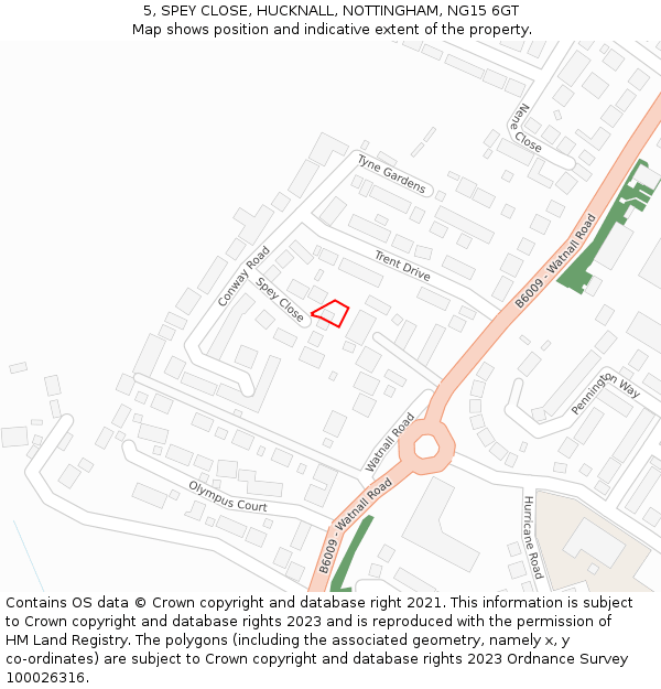 5, SPEY CLOSE, HUCKNALL, NOTTINGHAM, NG15 6GT: Location map and indicative extent of plot