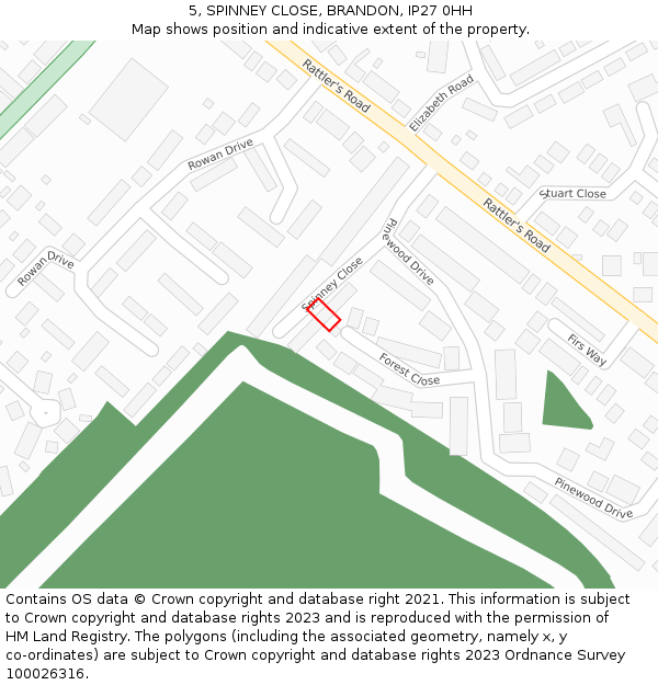 5, SPINNEY CLOSE, BRANDON, IP27 0HH: Location map and indicative extent of plot