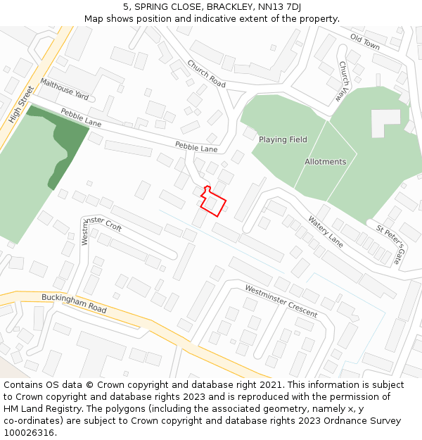 5, SPRING CLOSE, BRACKLEY, NN13 7DJ: Location map and indicative extent of plot