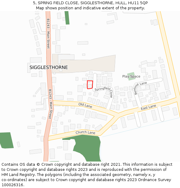 5, SPRING FIELD CLOSE, SIGGLESTHORNE, HULL, HU11 5QP: Location map and indicative extent of plot