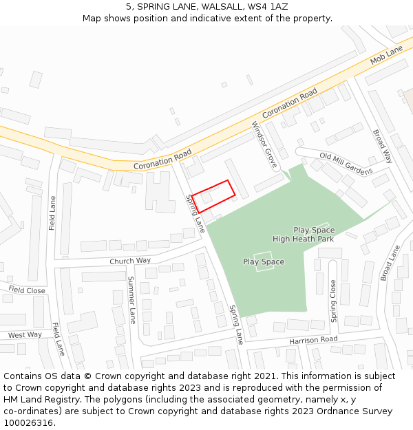 5, SPRING LANE, WALSALL, WS4 1AZ: Location map and indicative extent of plot
