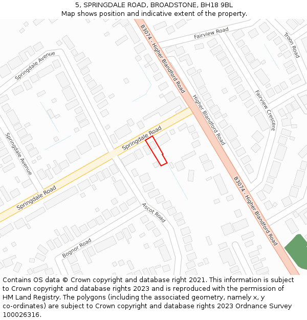 5, SPRINGDALE ROAD, BROADSTONE, BH18 9BL: Location map and indicative extent of plot