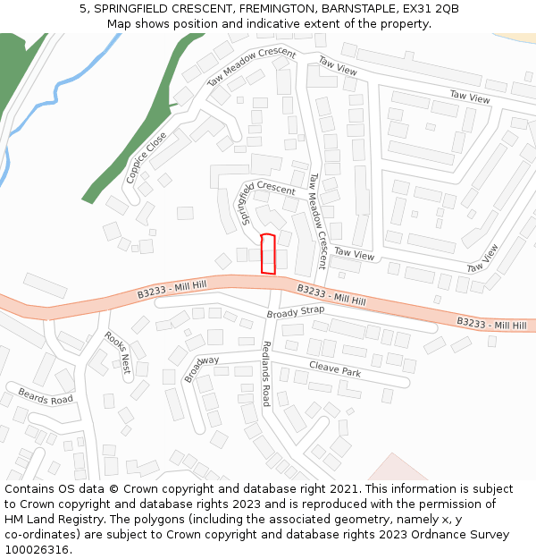 5, SPRINGFIELD CRESCENT, FREMINGTON, BARNSTAPLE, EX31 2QB: Location map and indicative extent of plot