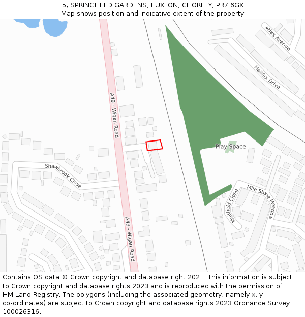 5, SPRINGFIELD GARDENS, EUXTON, CHORLEY, PR7 6GX: Location map and indicative extent of plot