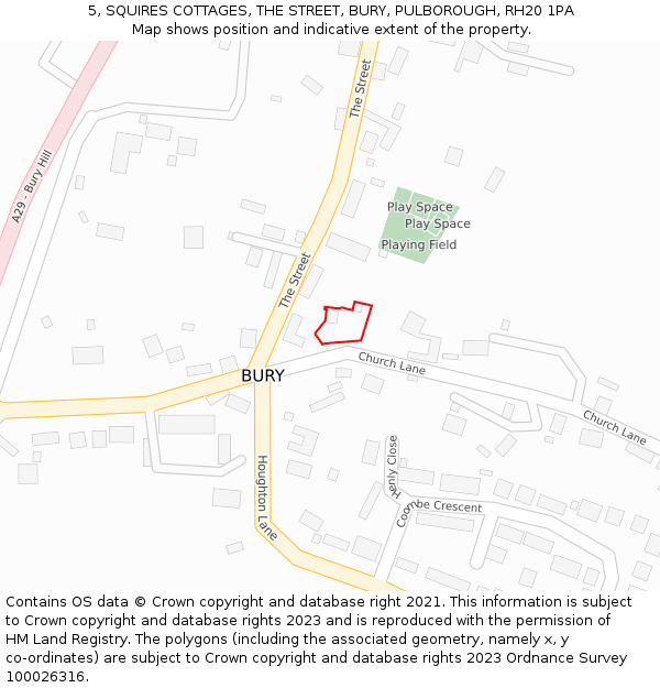 5, SQUIRES COTTAGES, THE STREET, BURY, PULBOROUGH, RH20 1PA: Location map and indicative extent of plot