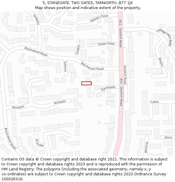 5, STANEGATE, TWO GATES, TAMWORTH, B77 1JX: Location map and indicative extent of plot