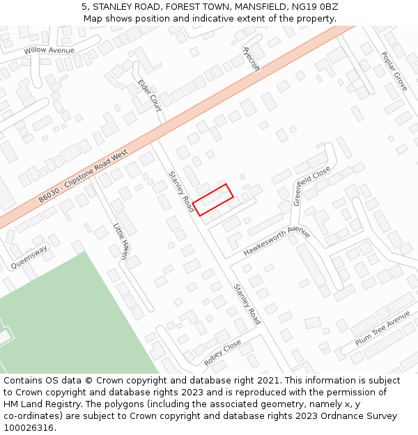 5, STANLEY ROAD, FOREST TOWN, MANSFIELD, NG19 0BZ: Location map and indicative extent of plot