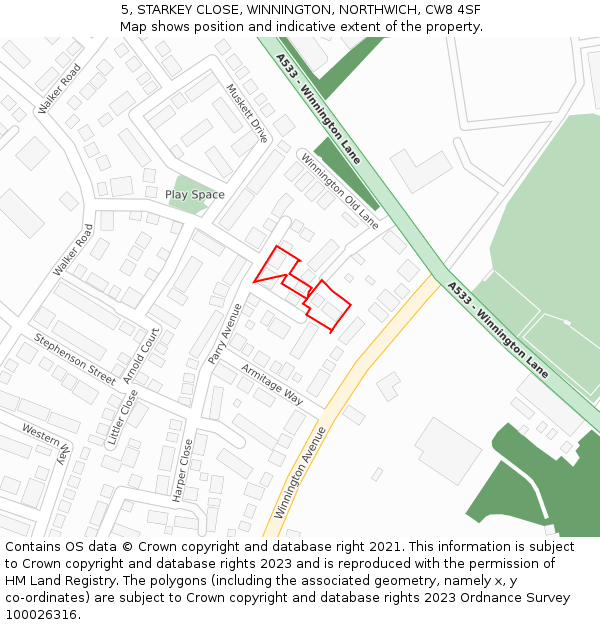 5, STARKEY CLOSE, WINNINGTON, NORTHWICH, CW8 4SF: Location map and indicative extent of plot