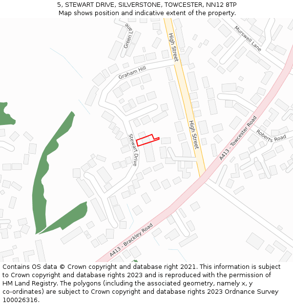 5, STEWART DRIVE, SILVERSTONE, TOWCESTER, NN12 8TP: Location map and indicative extent of plot