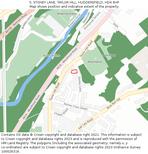 5, STONEY LANE, TAYLOR HILL, HUDDERSFIELD, HD4 6HP: Location map and indicative extent of plot