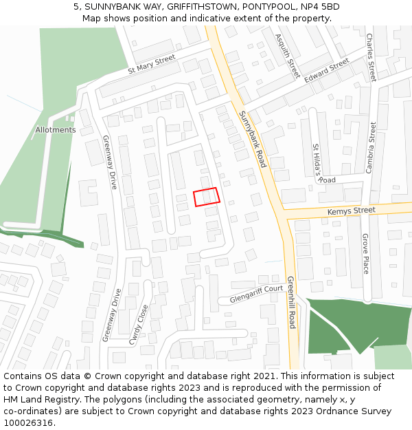 5, SUNNYBANK WAY, GRIFFITHSTOWN, PONTYPOOL, NP4 5BD: Location map and indicative extent of plot