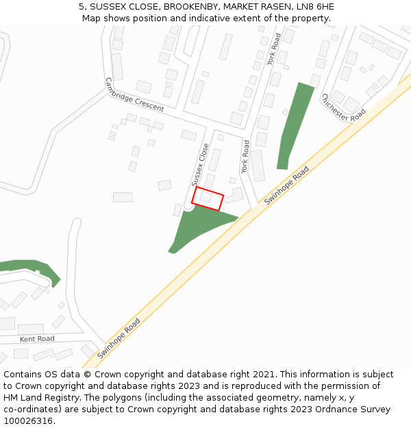 5, SUSSEX CLOSE, BROOKENBY, MARKET RASEN, LN8 6HE: Location map and indicative extent of plot