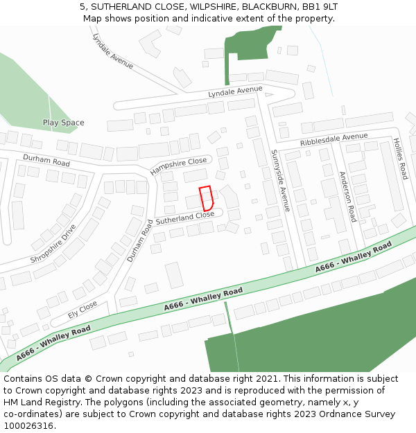 5, SUTHERLAND CLOSE, WILPSHIRE, BLACKBURN, BB1 9LT: Location map and indicative extent of plot