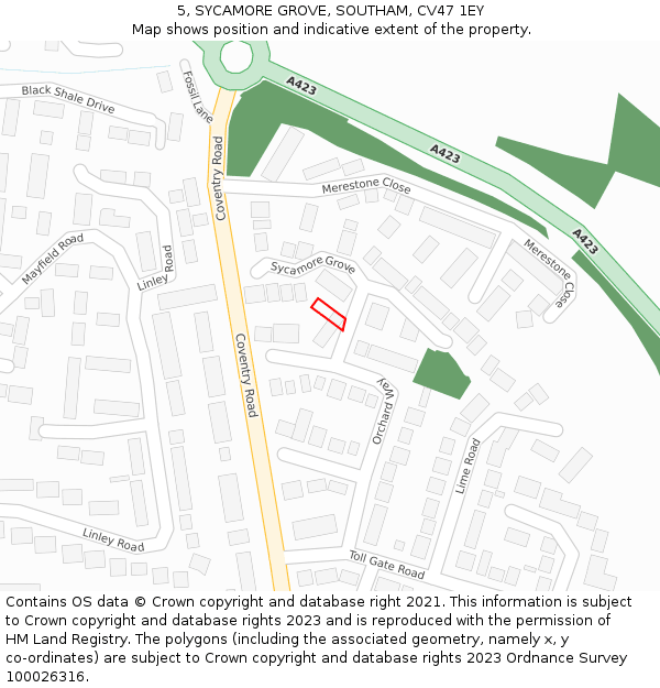 5, SYCAMORE GROVE, SOUTHAM, CV47 1EY: Location map and indicative extent of plot