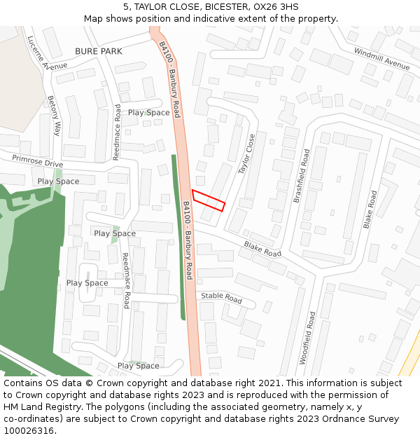 5, TAYLOR CLOSE, BICESTER, OX26 3HS: Location map and indicative extent of plot