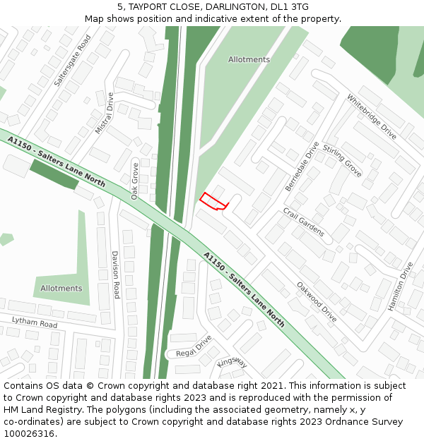 5, TAYPORT CLOSE, DARLINGTON, DL1 3TG: Location map and indicative extent of plot