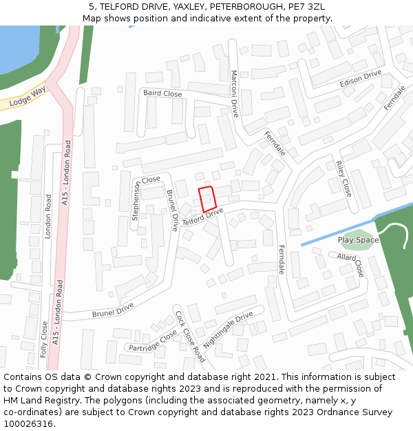 5, TELFORD DRIVE, YAXLEY, PETERBOROUGH, PE7 3ZL: Location map and indicative extent of plot