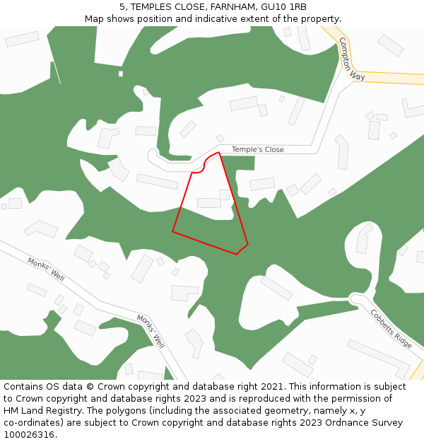 5, TEMPLES CLOSE, FARNHAM, GU10 1RB: Location map and indicative extent of plot