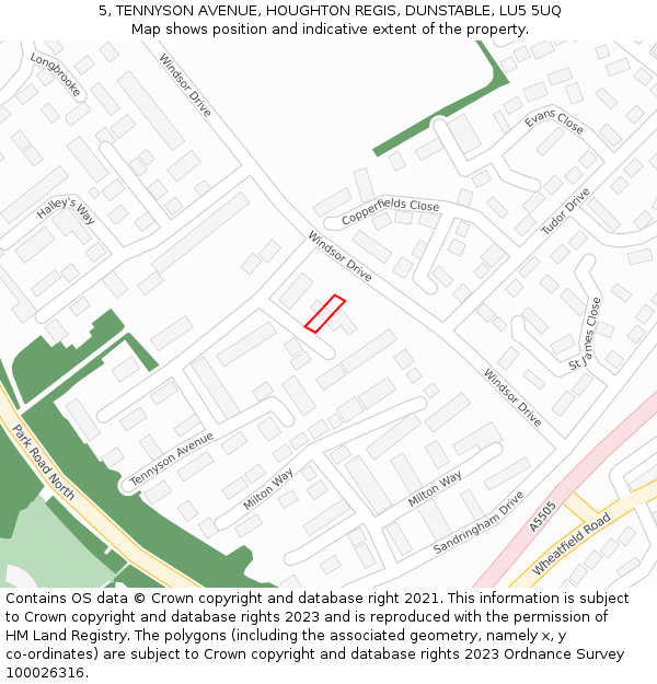 5, TENNYSON AVENUE, HOUGHTON REGIS, DUNSTABLE, LU5 5UQ: Location map and indicative extent of plot
