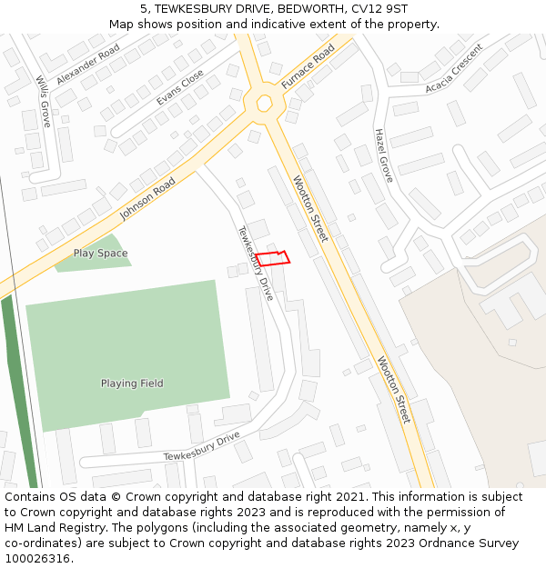 5, TEWKESBURY DRIVE, BEDWORTH, CV12 9ST: Location map and indicative extent of plot