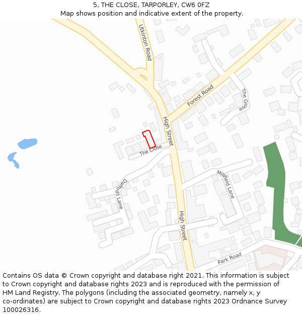 5, THE CLOSE, TARPORLEY, CW6 0FZ: Location map and indicative extent of plot