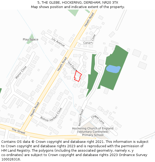 5, THE GLEBE, HOCKERING, DEREHAM, NR20 3TX: Location map and indicative extent of plot
