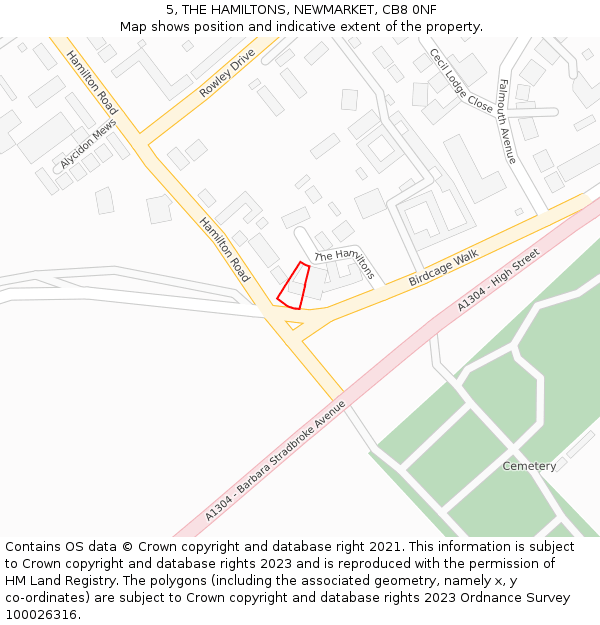 5, THE HAMILTONS, NEWMARKET, CB8 0NF: Location map and indicative extent of plot