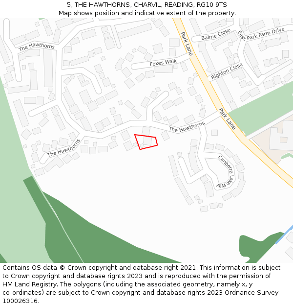 5, THE HAWTHORNS, CHARVIL, READING, RG10 9TS: Location map and indicative extent of plot