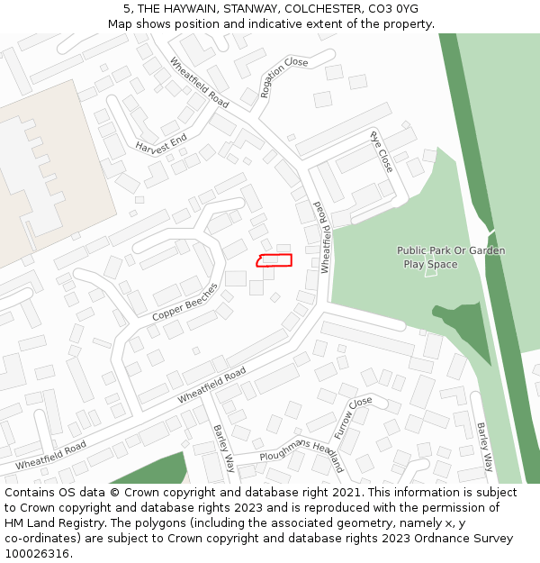 5, THE HAYWAIN, STANWAY, COLCHESTER, CO3 0YG: Location map and indicative extent of plot