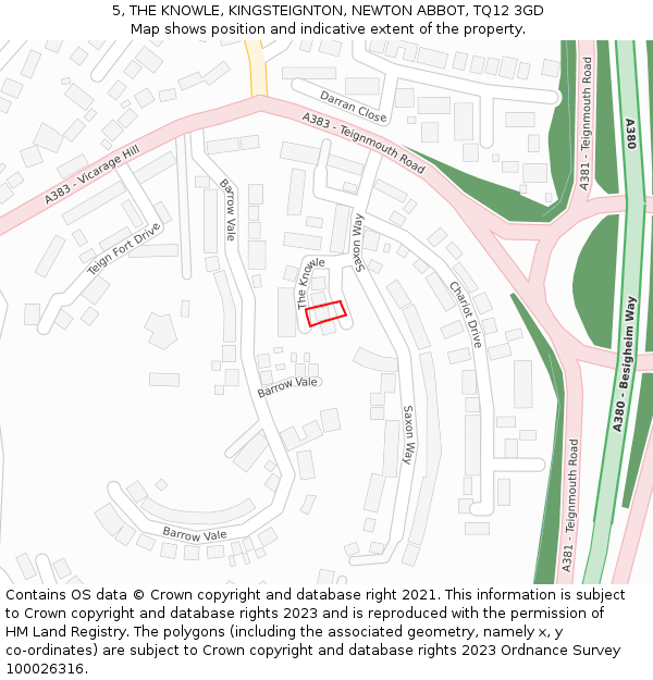 5, THE KNOWLE, KINGSTEIGNTON, NEWTON ABBOT, TQ12 3GD: Location map and indicative extent of plot