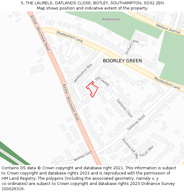 5, THE LAURELS, OATLANDS CLOSE, BOTLEY, SOUTHAMPTON, SO32 2EN: Location map and indicative extent of plot