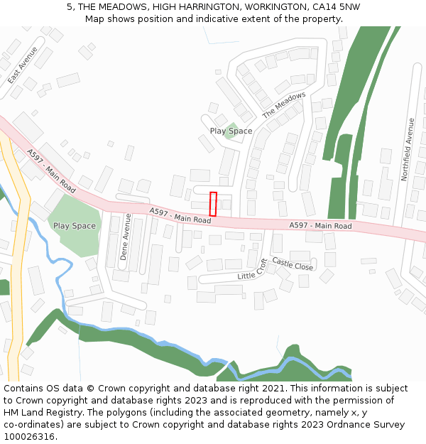 5, THE MEADOWS, HIGH HARRINGTON, WORKINGTON, CA14 5NW: Location map and indicative extent of plot