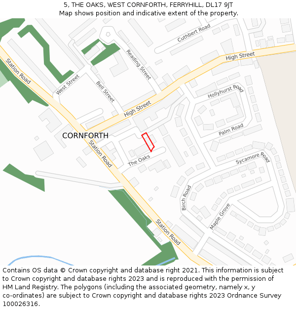 5, THE OAKS, WEST CORNFORTH, FERRYHILL, DL17 9JT: Location map and indicative extent of plot