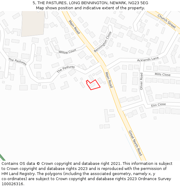 5, THE PASTURES, LONG BENNINGTON, NEWARK, NG23 5EG: Location map and indicative extent of plot