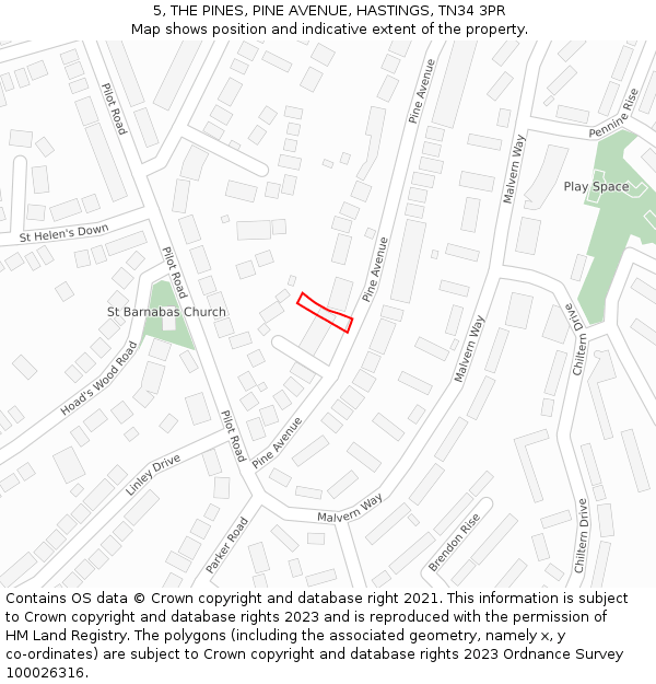 5, THE PINES, PINE AVENUE, HASTINGS, TN34 3PR: Location map and indicative extent of plot