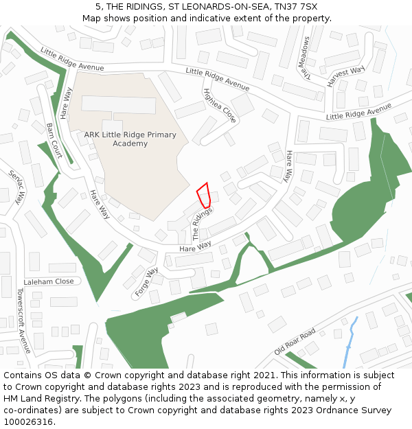 5, THE RIDINGS, ST LEONARDS-ON-SEA, TN37 7SX: Location map and indicative extent of plot