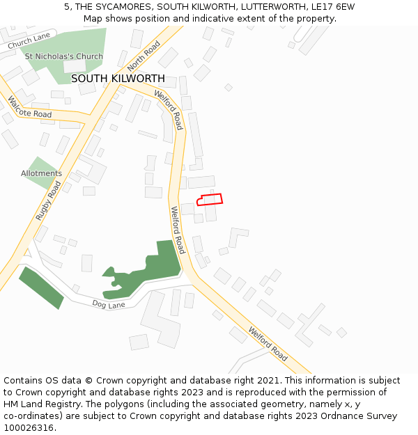 5, THE SYCAMORES, SOUTH KILWORTH, LUTTERWORTH, LE17 6EW: Location map and indicative extent of plot