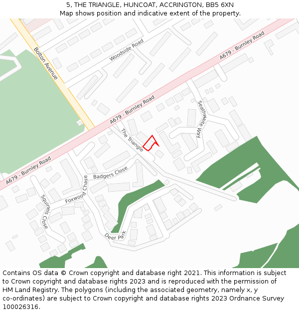 5, THE TRIANGLE, HUNCOAT, ACCRINGTON, BB5 6XN: Location map and indicative extent of plot