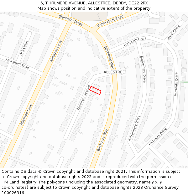 5, THIRLMERE AVENUE, ALLESTREE, DERBY, DE22 2RX: Location map and indicative extent of plot